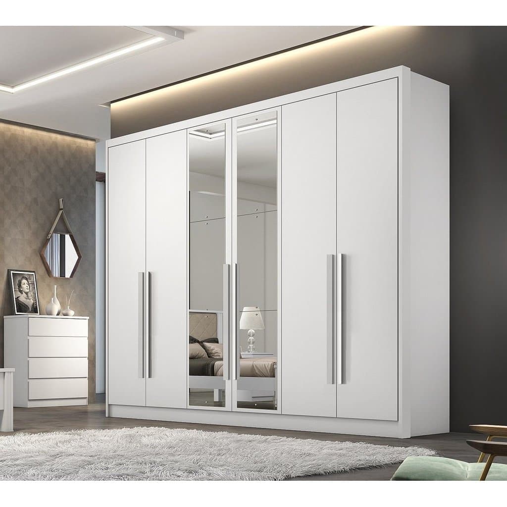 Guarda Roupa Casal MDF 6 Portas 6 Gavetas com Espelho Reno Branco Branco