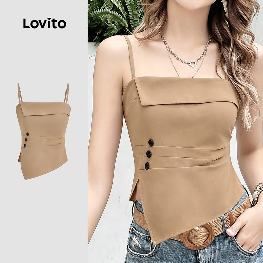 Lovito Topo Casual Assimétrico com Botão para Lazer Primavera/verão Khaki para Mulheres LK4ED1653