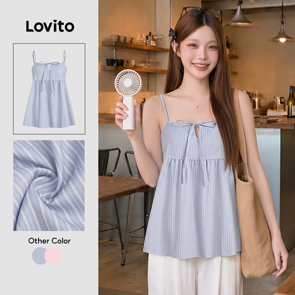 Lovito Casual Top com gravata frontal lazer simples primavera/verão azul para mulheres LK3AD092