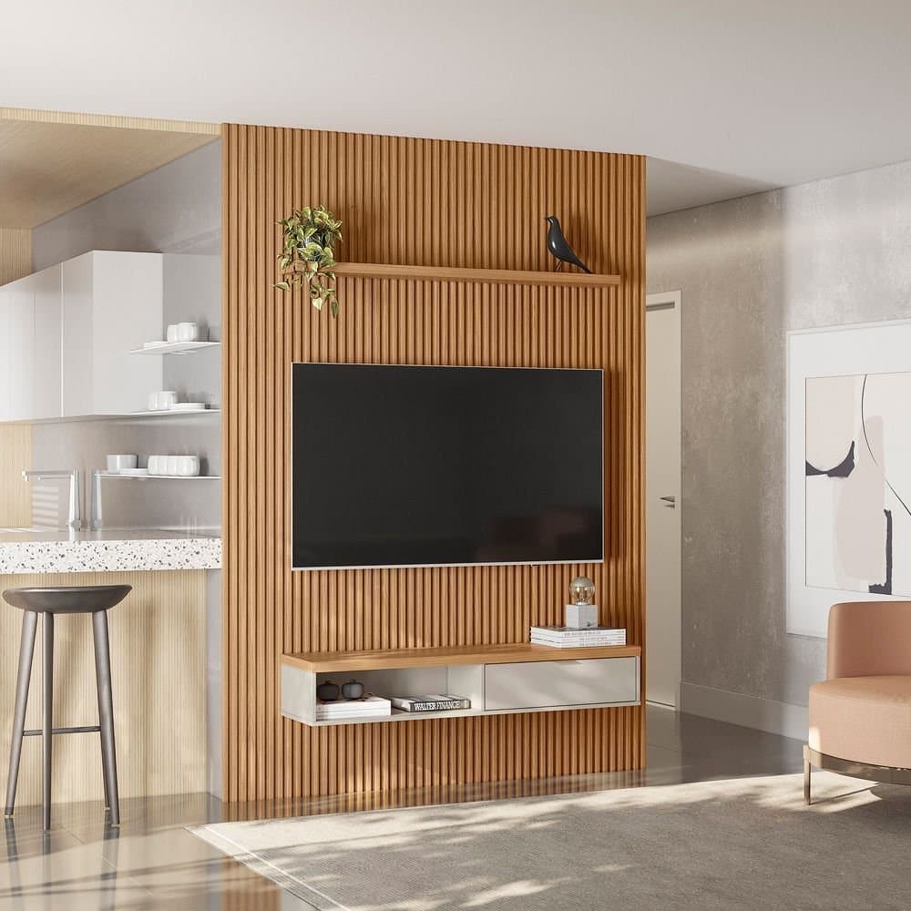 Painel Ripado para TV até 75 Polegadas MDF 180CMX250CM Modular 1 Nicho 1 Prateleira Marrom Nature/Off White