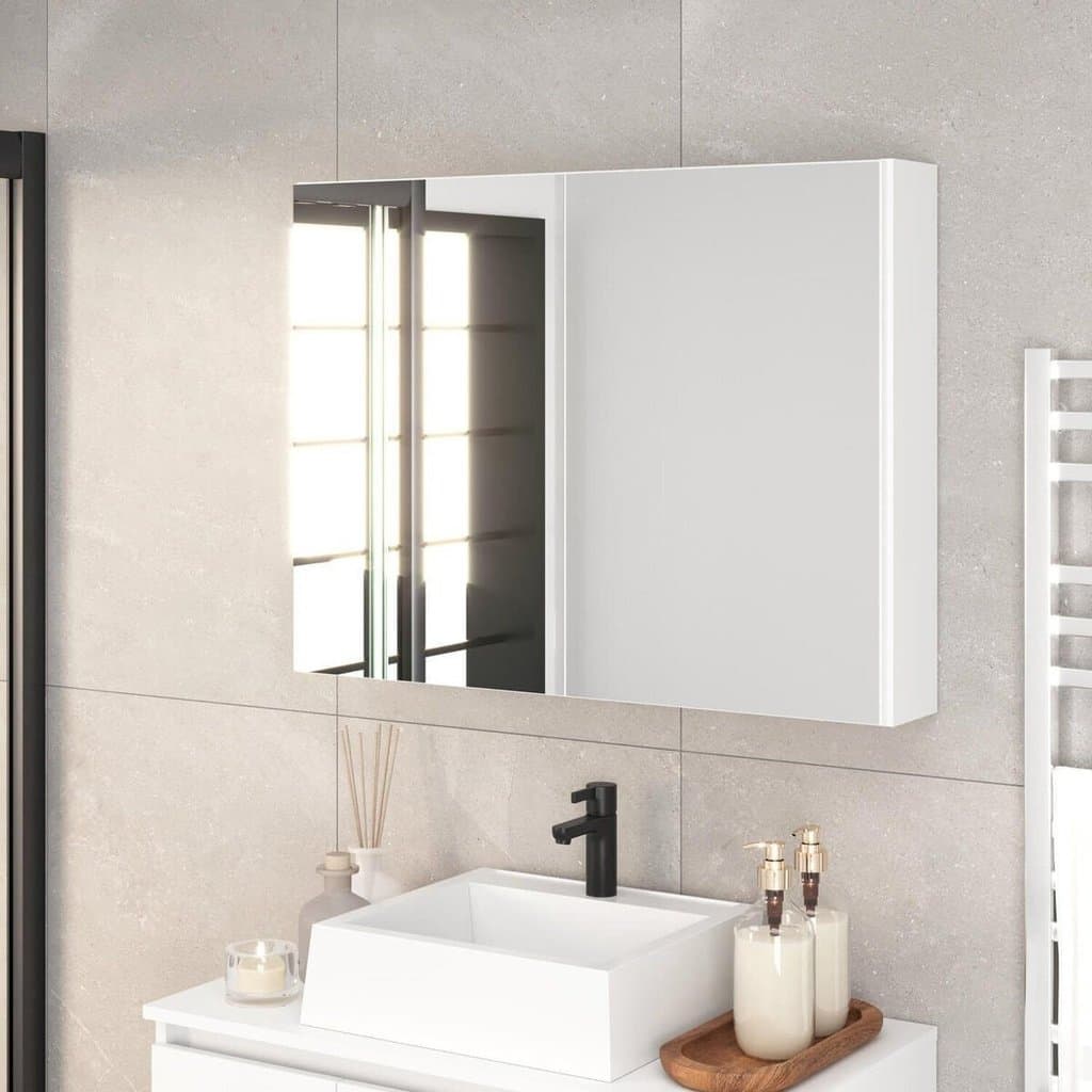 Armário Espelheira para Banheiro 80cm Aurora com 2 Portas de Espelho Branco Branco