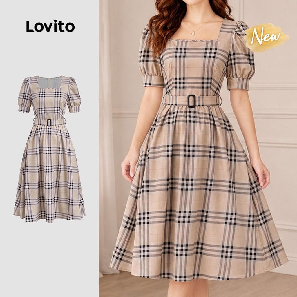 (New Arrival) Lovito Vestido Elegante com Cinto Estilo Retro Cáqui Primavera/verão para Mulheres DRBR37BR146