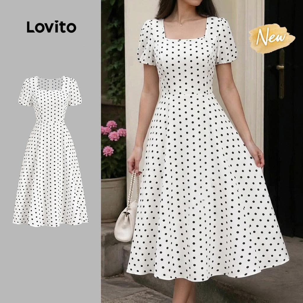(New Arrival) Lovito Vestido Elegante Pom Pom com Zíper Vestido Branco de Primavera/verão para Mulheres LBL37145