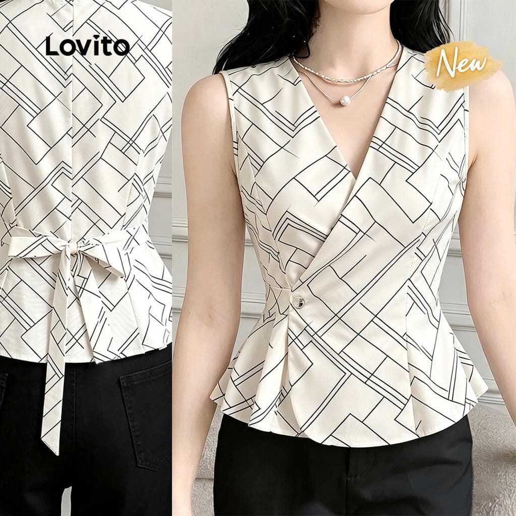 (New Arrival) Lovito Top Feminino Elegante com Pregas e Laço Na Cor Caqui Claro para primavera/verão TKB198P1D638