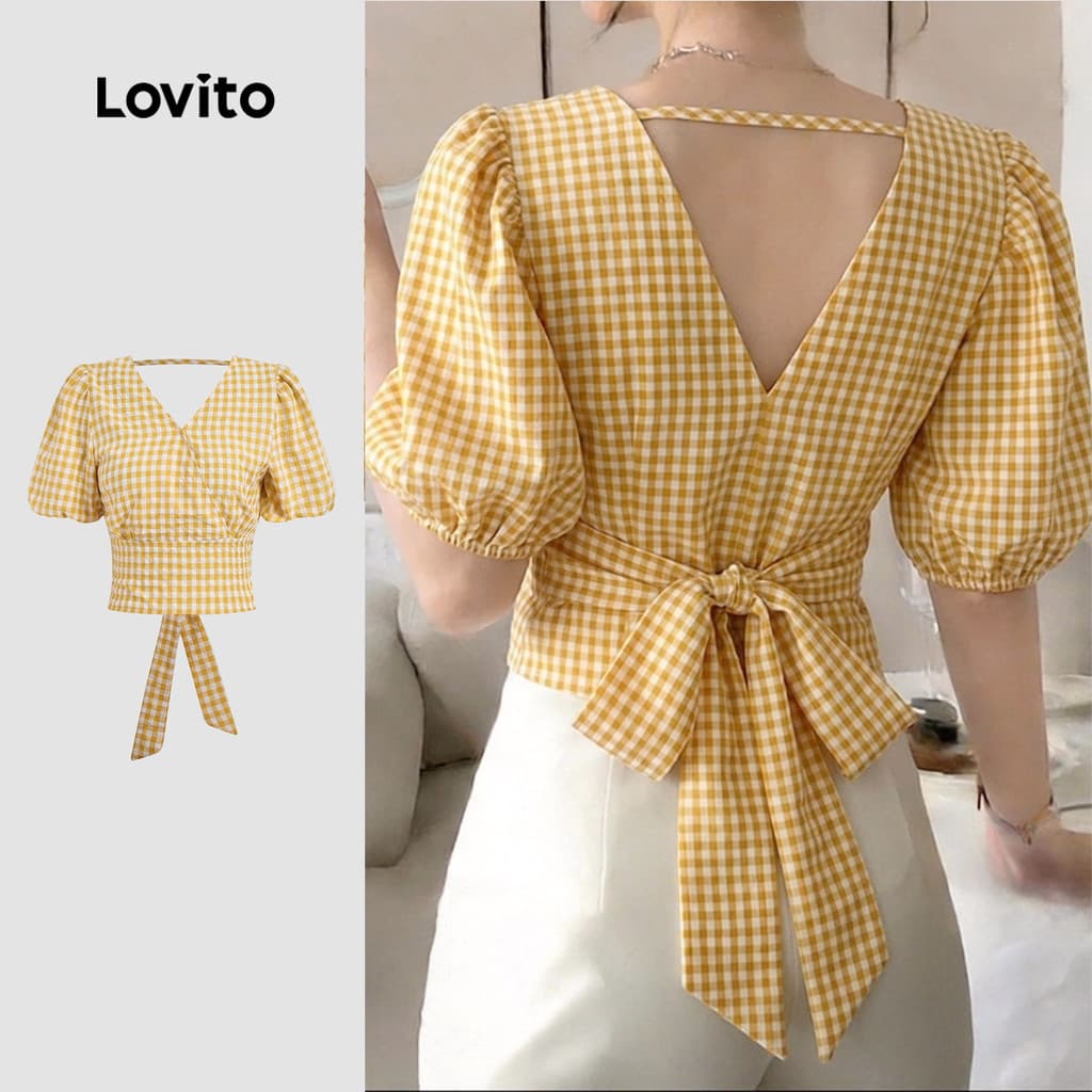(New Arrival) Lovito Blusa Casual Amarração com Zíper Nas Costas Primavera/verão Amarela L195ED210