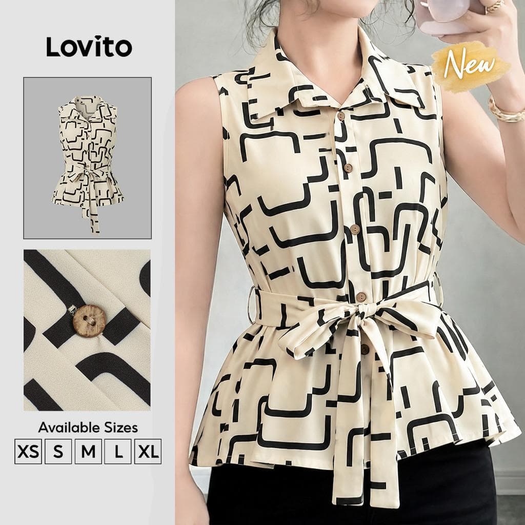(New Arrival) Lovito Blusa Elegante com Cinto e Estampa para Lazer Cor Caqui Claro para mulheres BLK8P2D056
