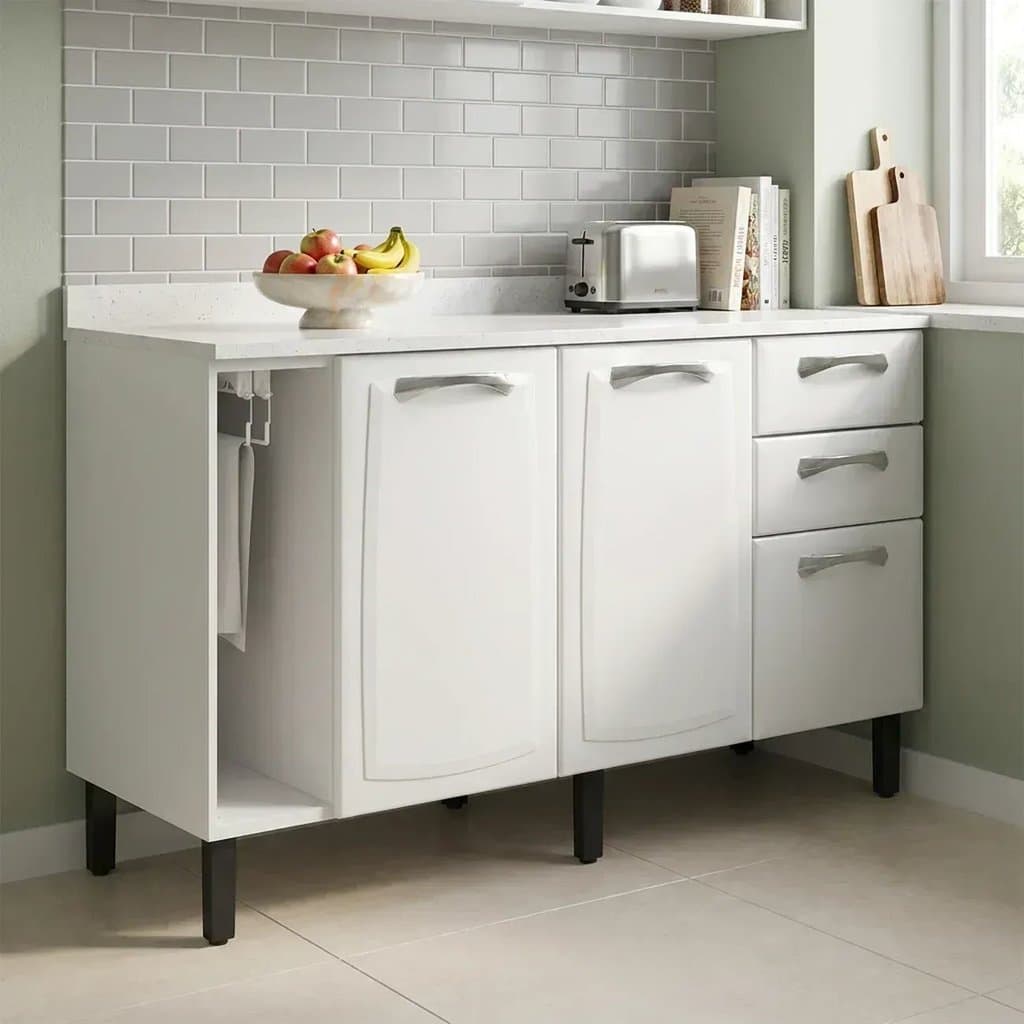 Balcão de Cozinha em Aço 3 Portas e 2 Gavetas com Toalheiro sem Tampo 140cm New Premium Itatiaia Branco