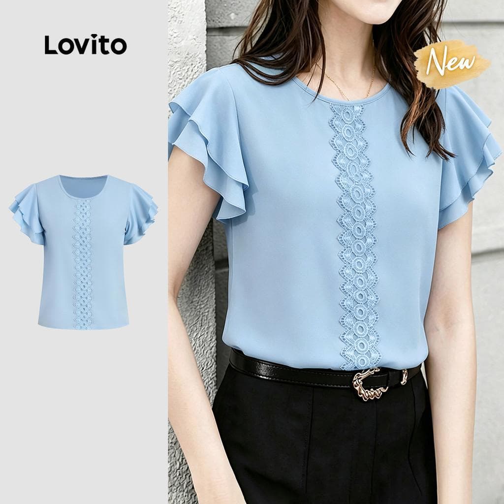 (New Arrival) Lovito Elegante Blusa de Renda Dupla Camada Blusa Azul Primavera/verão para Mulheres Bordado BLK8P1D677