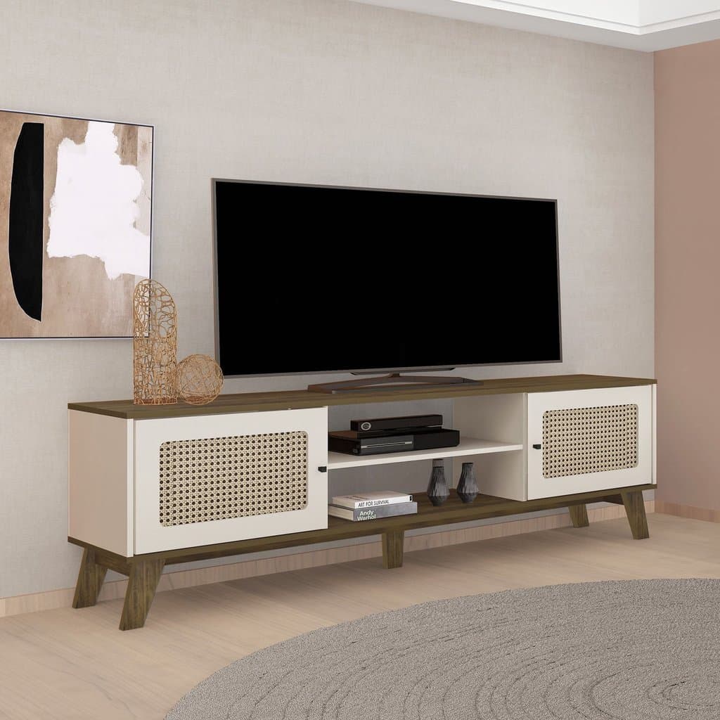 Rack Retrô para TV até 75 Polegadas MDF 180cm 2 Portas Charlotte Marrom Pinho/Off White