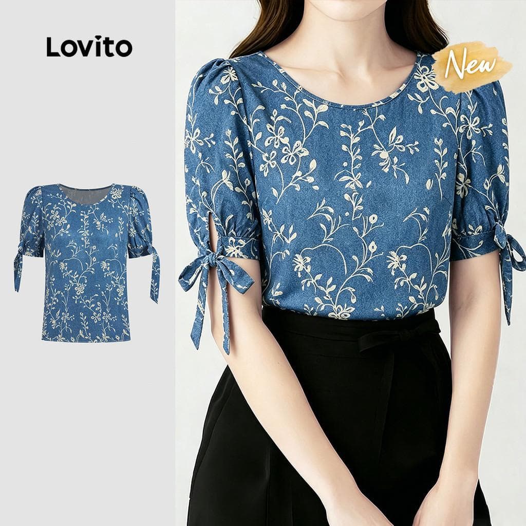 (New Arrival) Lovito Blusa Casual Azul com Laço Frontal primavera/verão BLBR37BR084