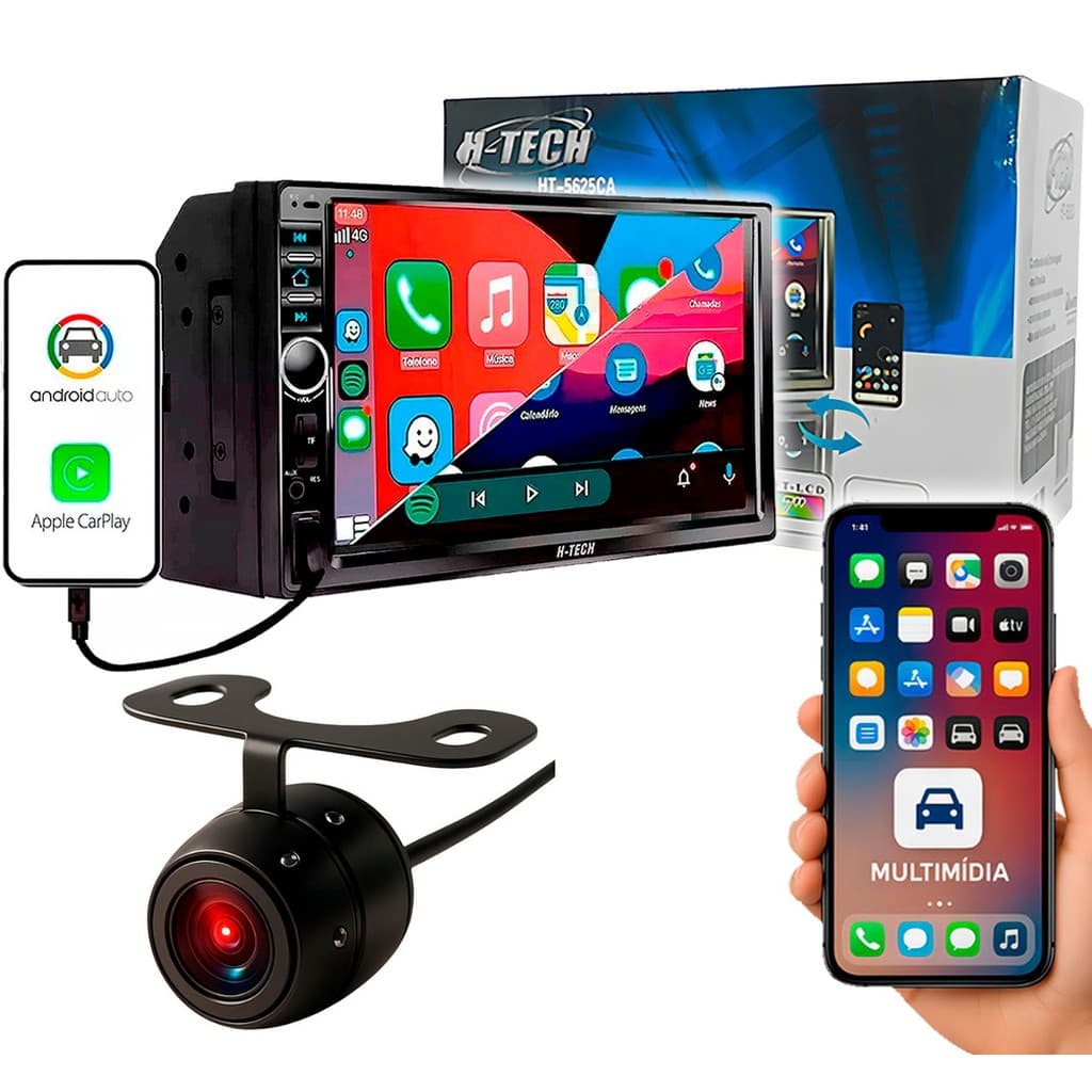 Central Multimídia 2 DIN 7” Polegadas CarPlay AndroidAuto Apps Gps Spotify + Câmera de Ré Colorida