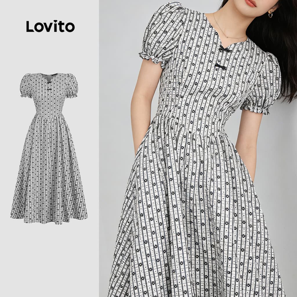 Lovito Elegante Vestido com Fivela e Babados Na Bainha para Primavera/verão para Mulheres LK2ED794