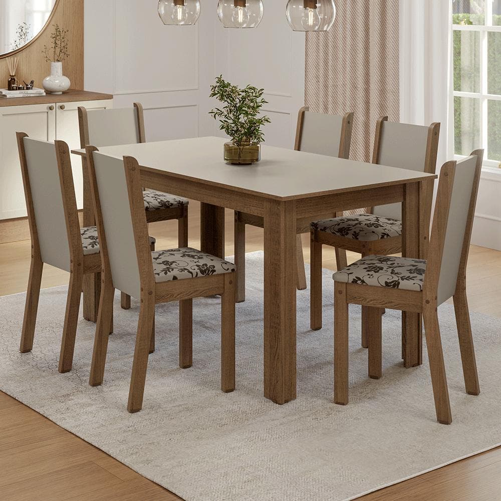 Conjunto Sala de Jantar Lucena Mesa Tampo de Madeira 6 Cadeiras Rustic/Crema/Bege Marrom Madesa
