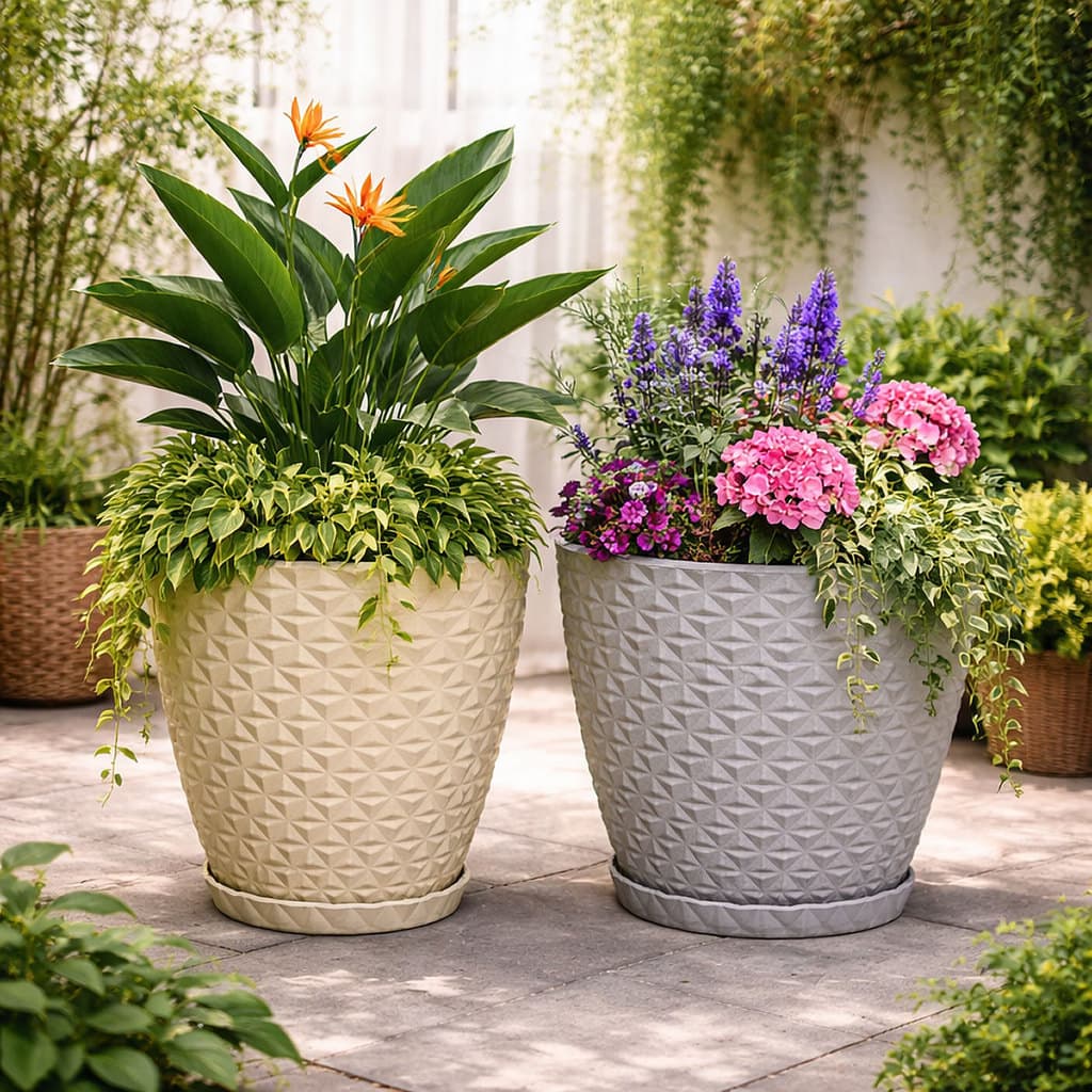 Vaso para planta decorativo em polietileno redondo estilo diamante PP com Prato