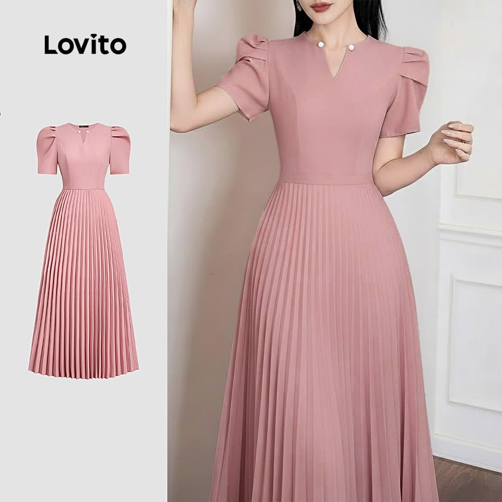 Lovito Plissada Elegante Vestido Rosa Primavera/verão com Zíper e Pregas para mulheres L171ED220