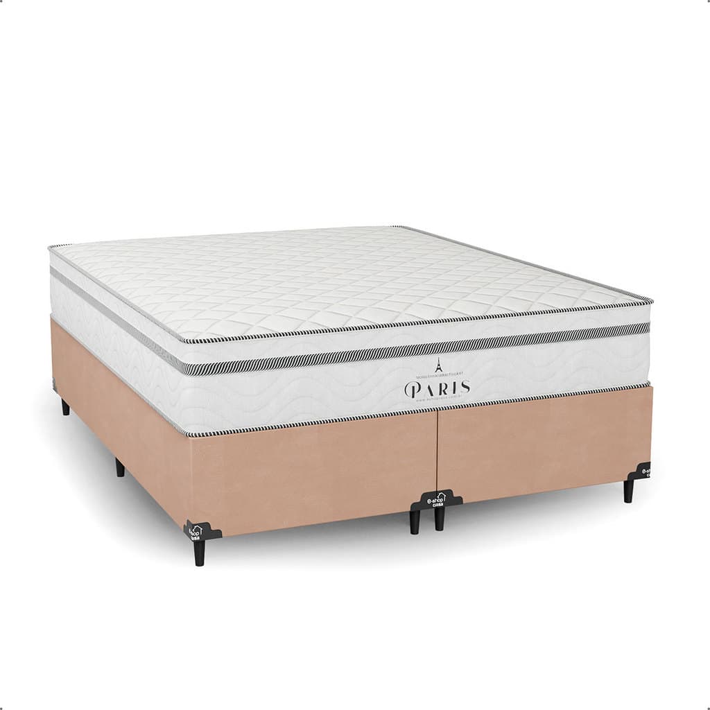 Cama Box Queen Bege + Colchão Paris Molas Ensacadas Branco - e-Shop Casa
