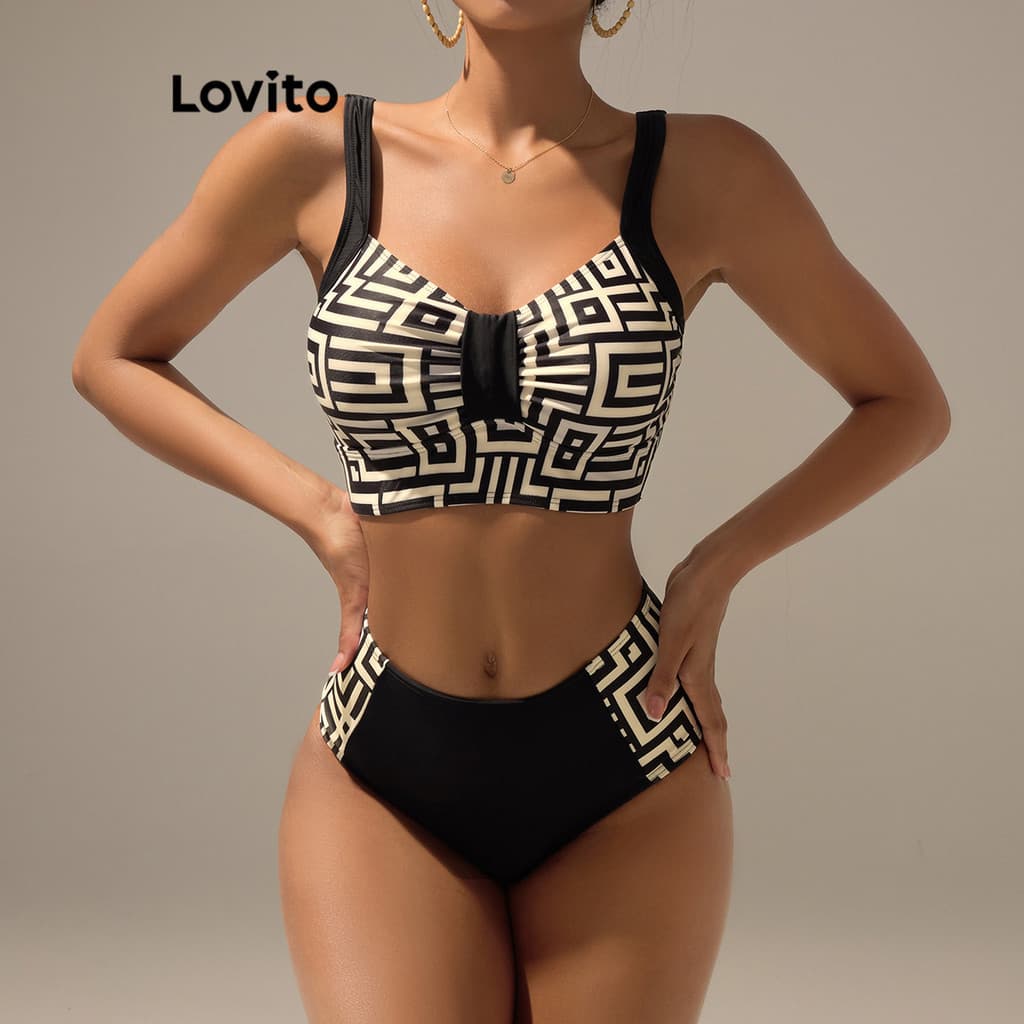 Lovito Férias Conjuntos De Biquíni Costura Geométrica Em Tecido Colorblock Conjuntos De Biquíni Para Mulheres LBL17663