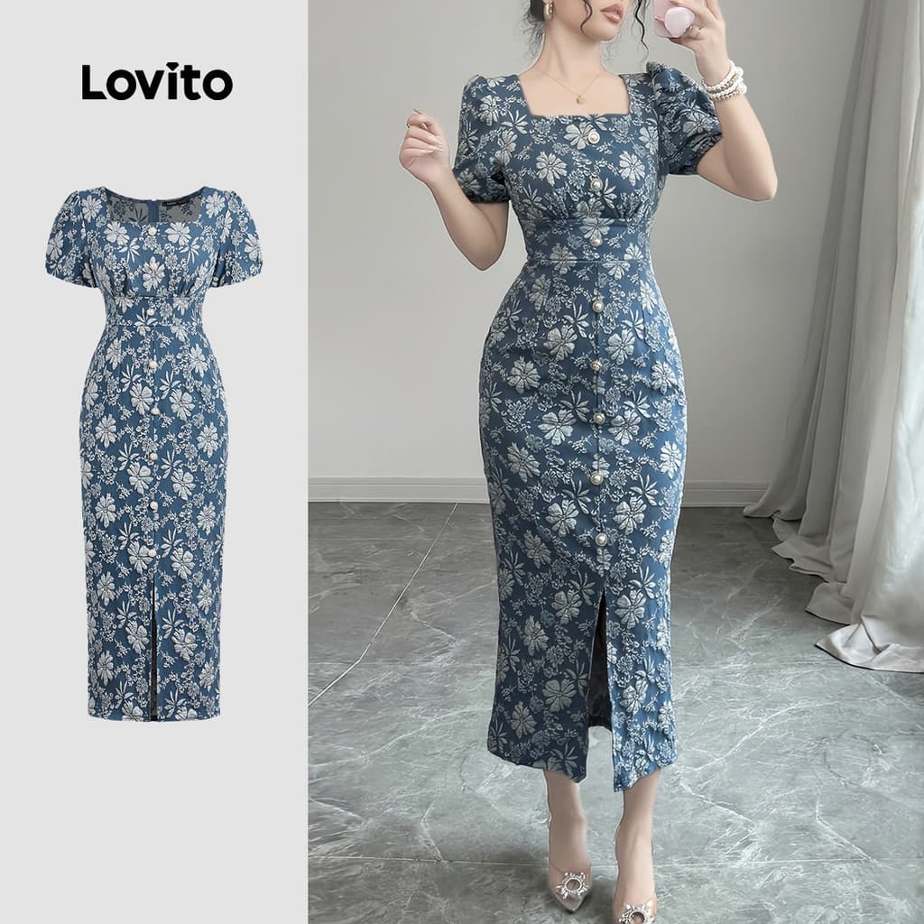 Lovito Elegante Vestido Francês Estilo Relaxado com Pérolas Primavera/verão Azul Slim Fit para Mulheres L150AD1621