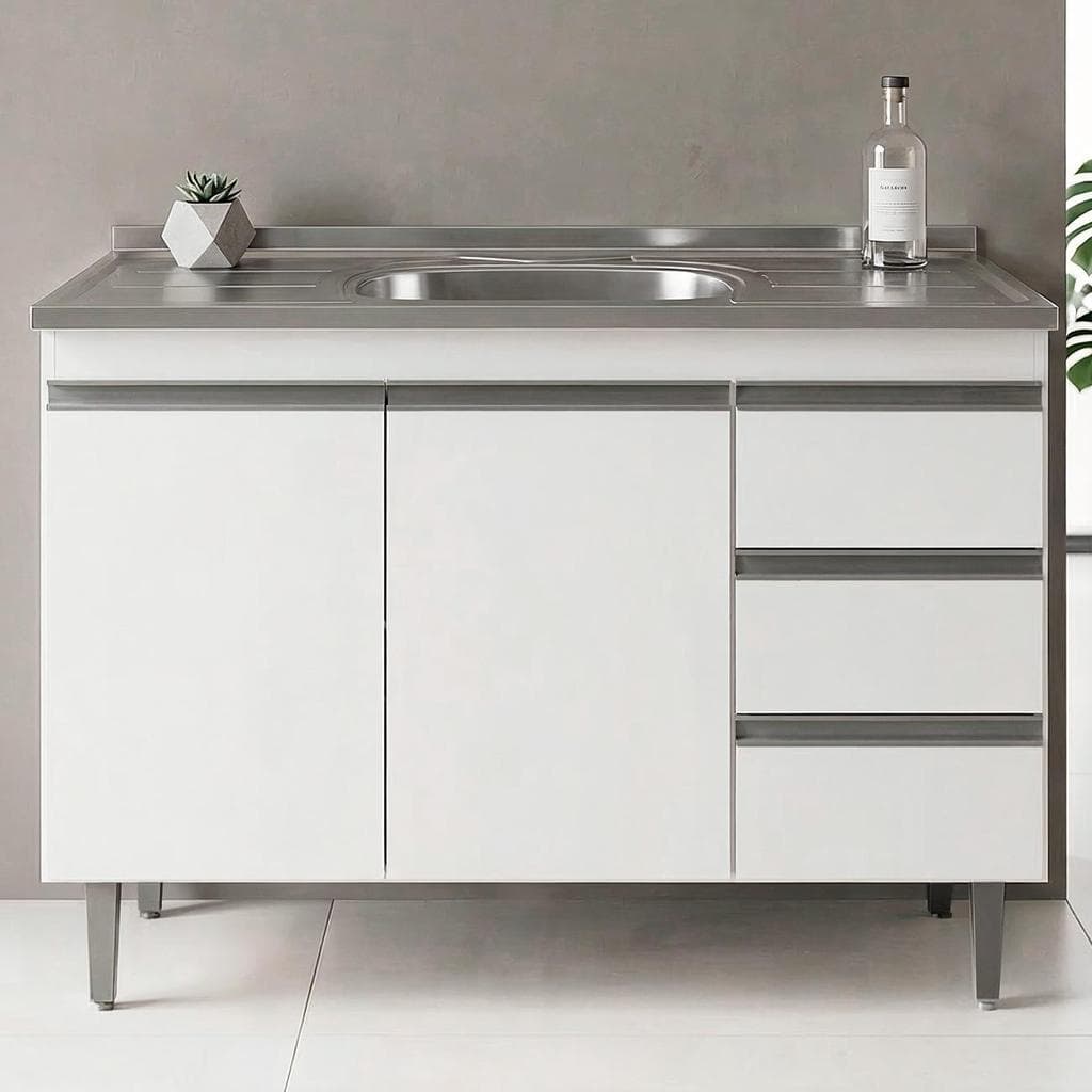 Balcão de Cozinha Com Pia Inox 100cm 3 Gavetas Andréia Branco - AJL Móveis