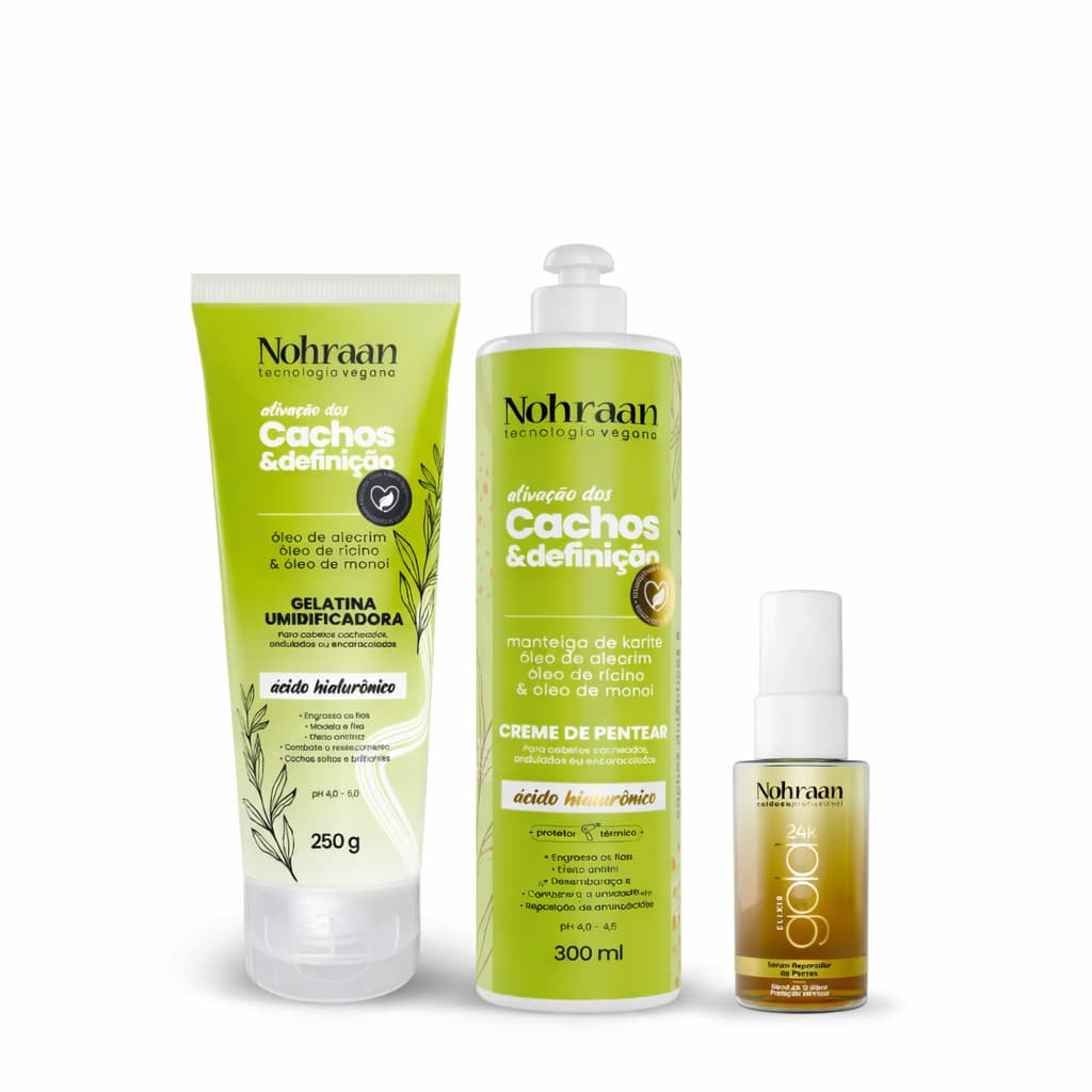 Kit Linha Cachos Alecrim – Gelatina + Creme de Pentear + Elixir 24K | Nohraan