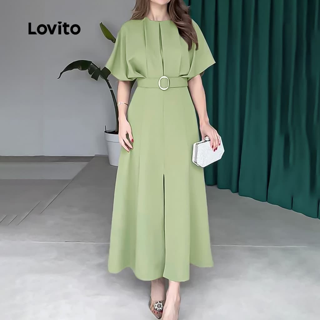 Lovito Elegante Vestido plissado com cinto primavera/verão vestido verde para mulheres L176LD084