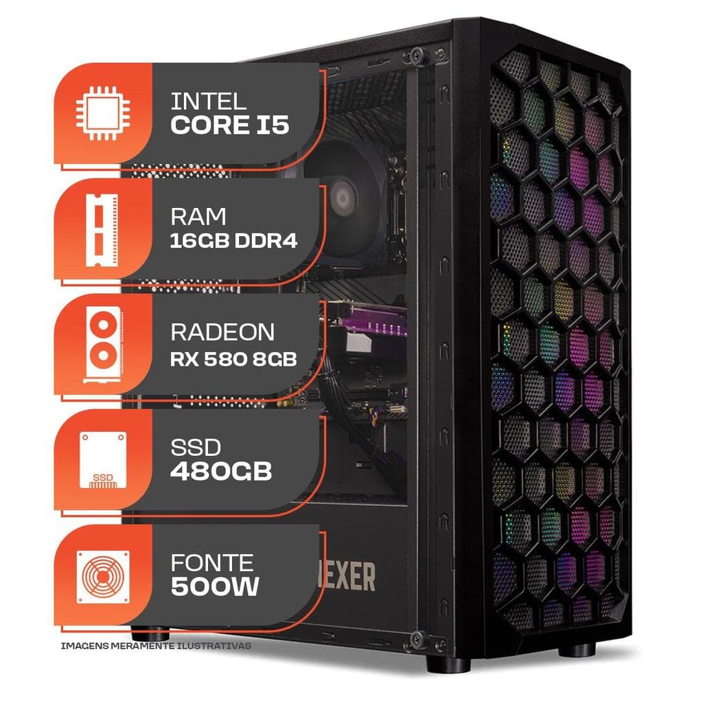 PC Gamer Forge, Intel i5 8ª Geração, RX 580 8GB, 16GB DDR4, SSD 480GB, 500W 80 Plus