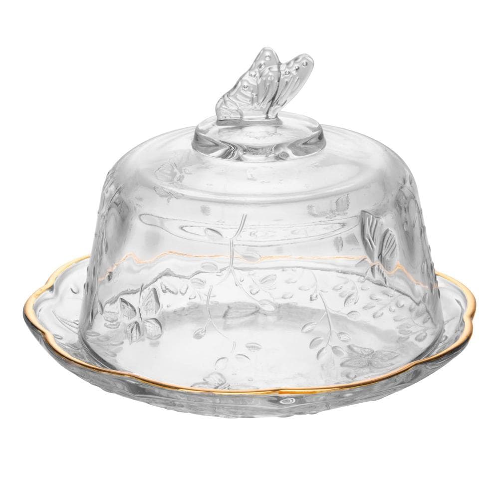 Queijeira com Tampa New Butterfly e Fio de Ouro 19cm Lyor Cristal para Queijo Mesa Posta Servir e Decoração Qualidade
