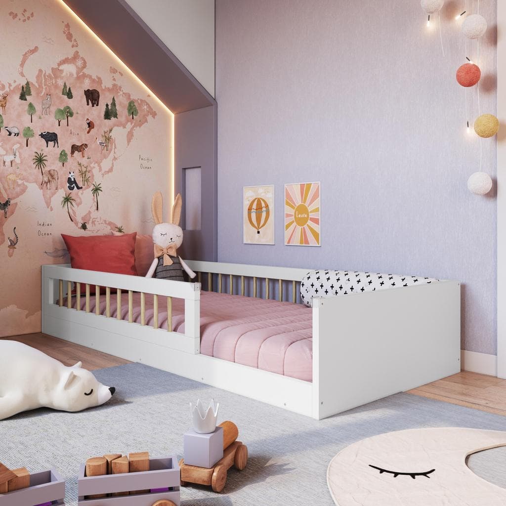 Cama Infantil Montessoriana de Chão 78x188cm com Grade de Proteção Lateral