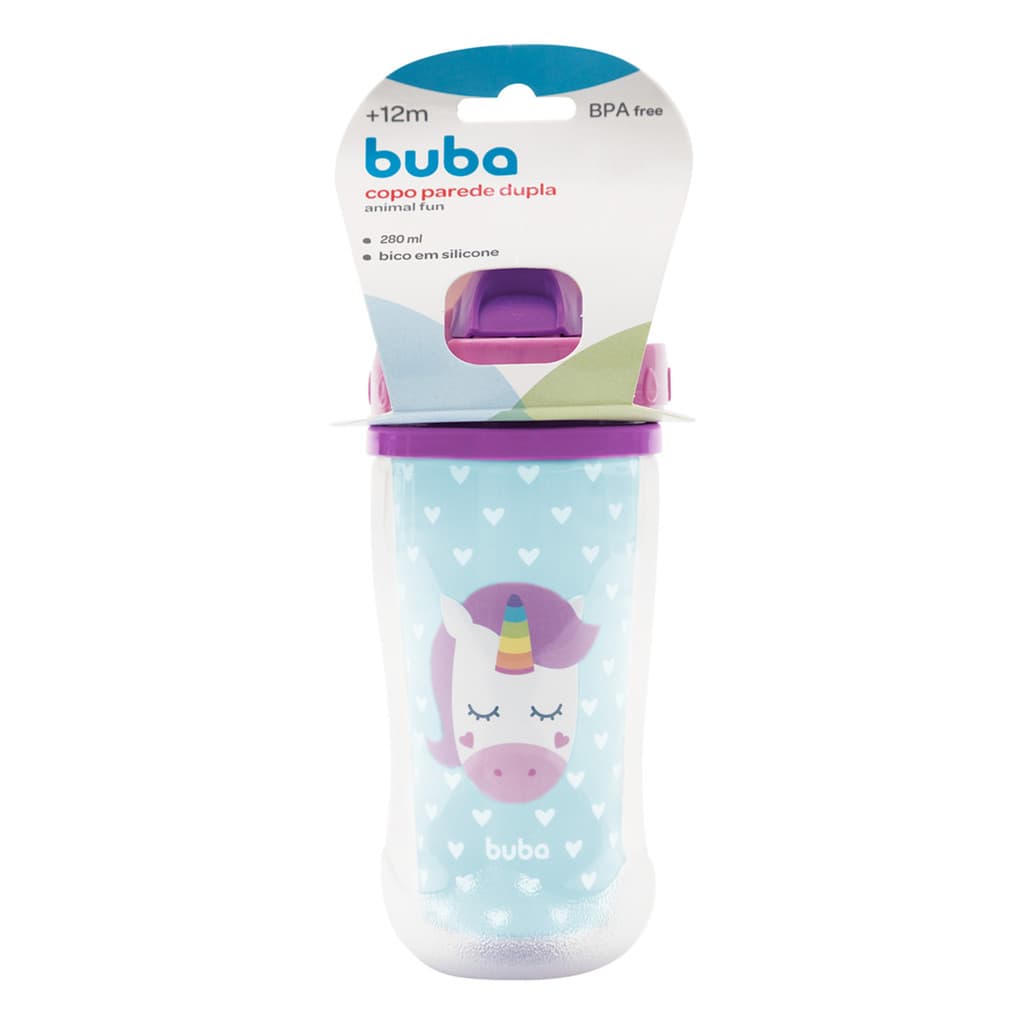 Copo Canudo Parede Dupla Buba Animal Fun Unicórnio 280ml