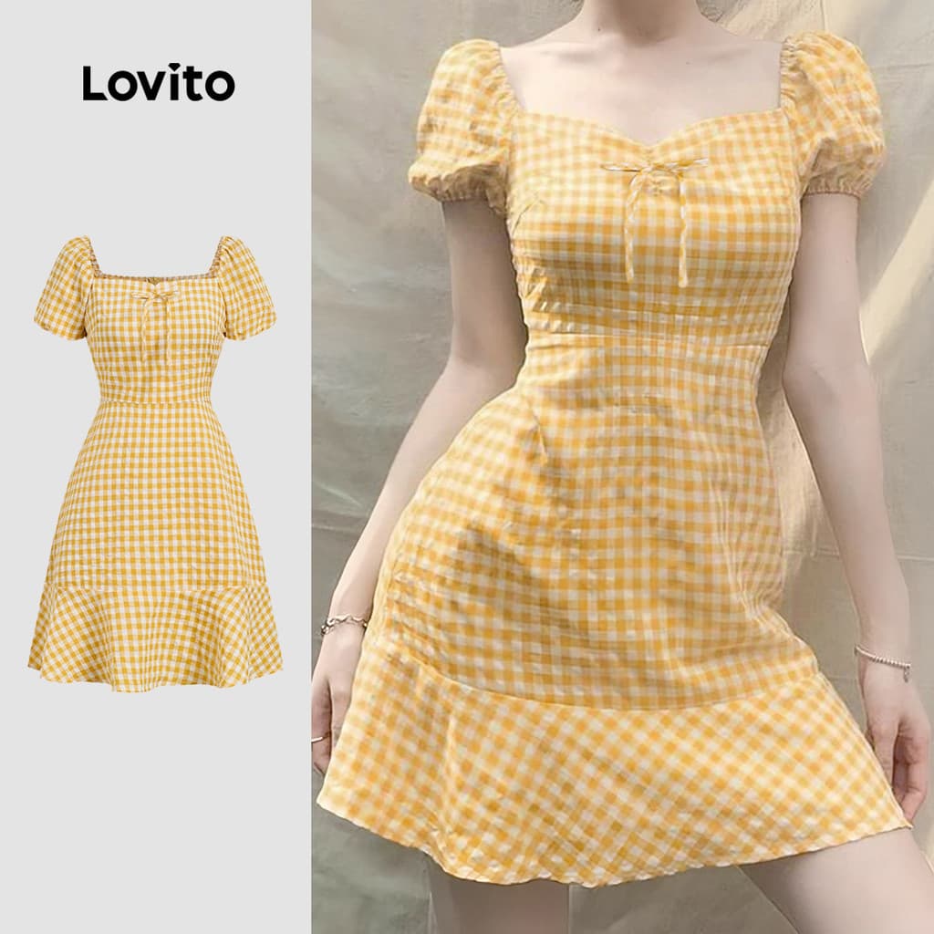 Lovito Casual Vestido com Babado Na Bainha para Primavera/verão Amarelo para Mulheres L164LD100