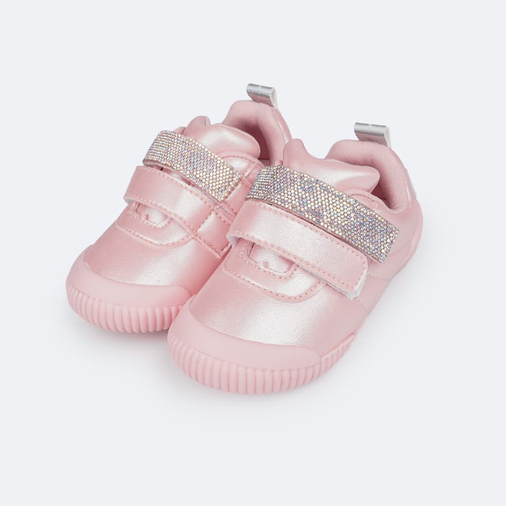 Tênis Infantil Strass Rosa Branco Dourado Pampili