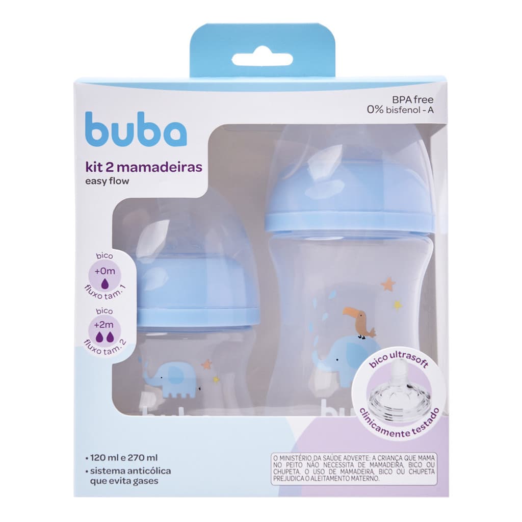 Kit 2 Mamadeiras Buba Easy Flow Elefante Azul 120ml e 270ml