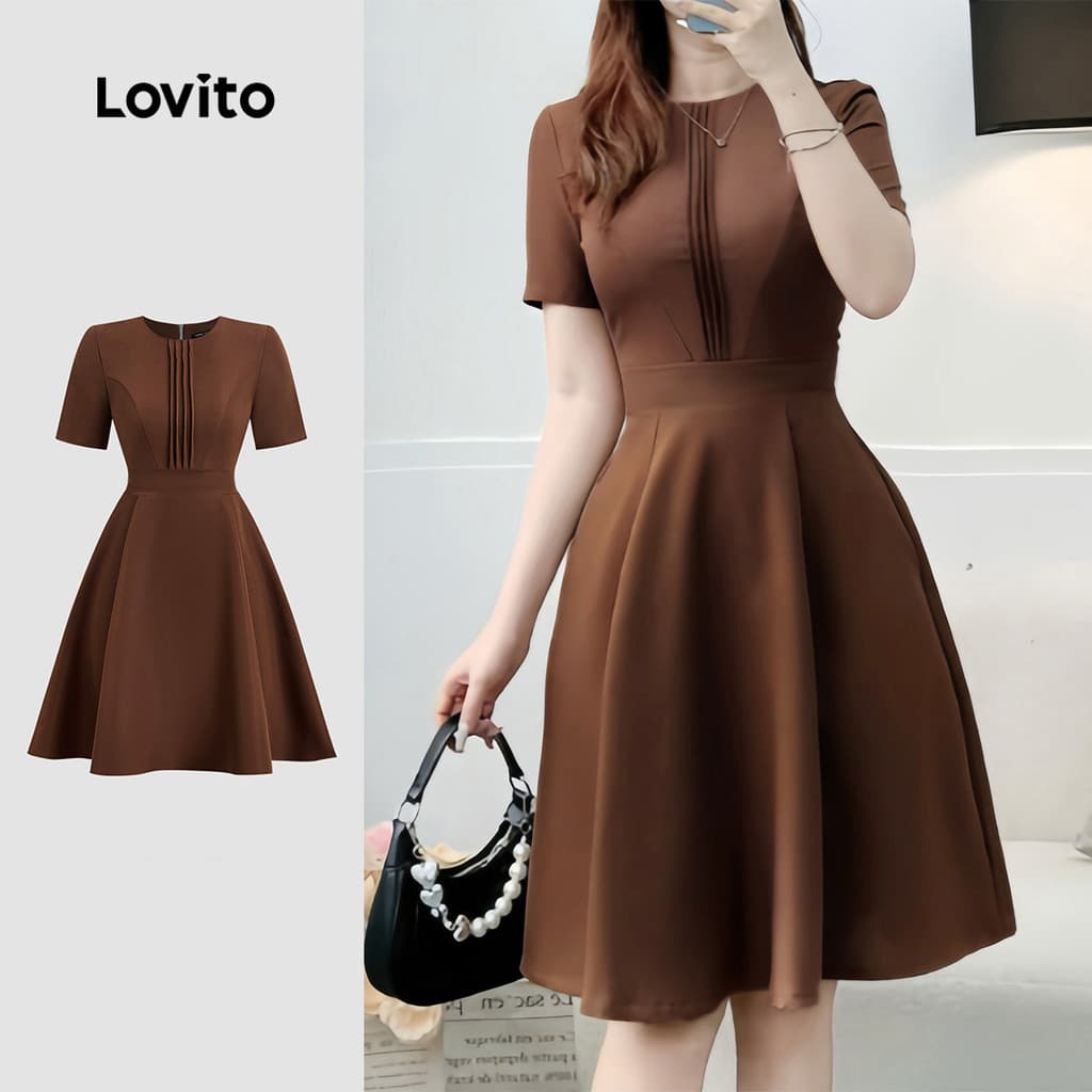Lovito Elegante Vestido Plissado Simples Confortável e Estiloso para Primavera/verão Marrom para Mulheres L172ED172