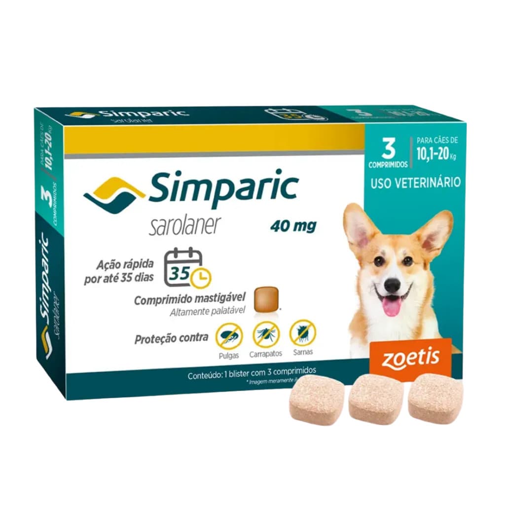 3 Comprimidos Simparic Cães 10,1 a 20 kg Antipulgas Carrapatos Sarna VENC FEV.27