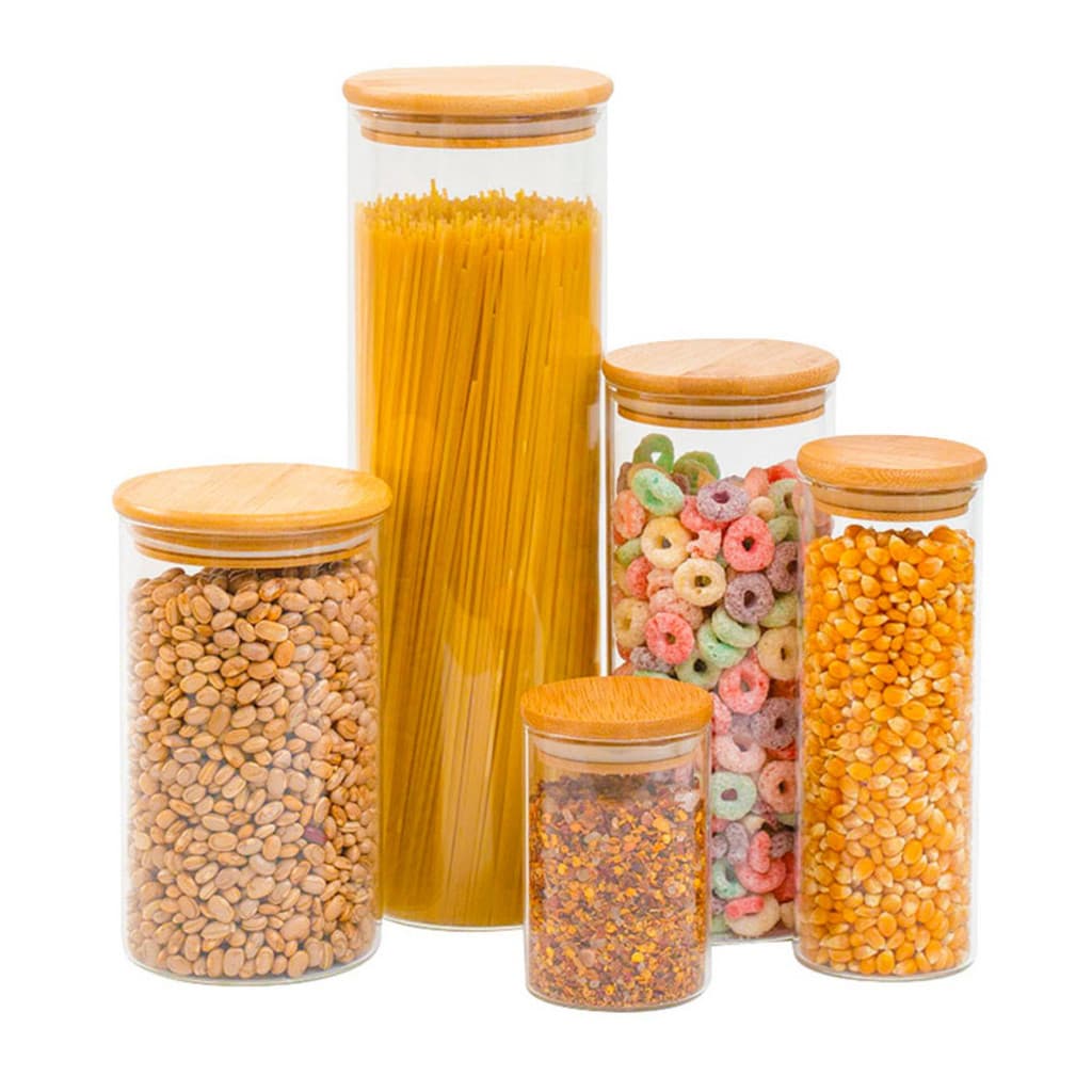 Kit 5 potes de vidro e tampa de bambu herméticos redondos - Tüd
