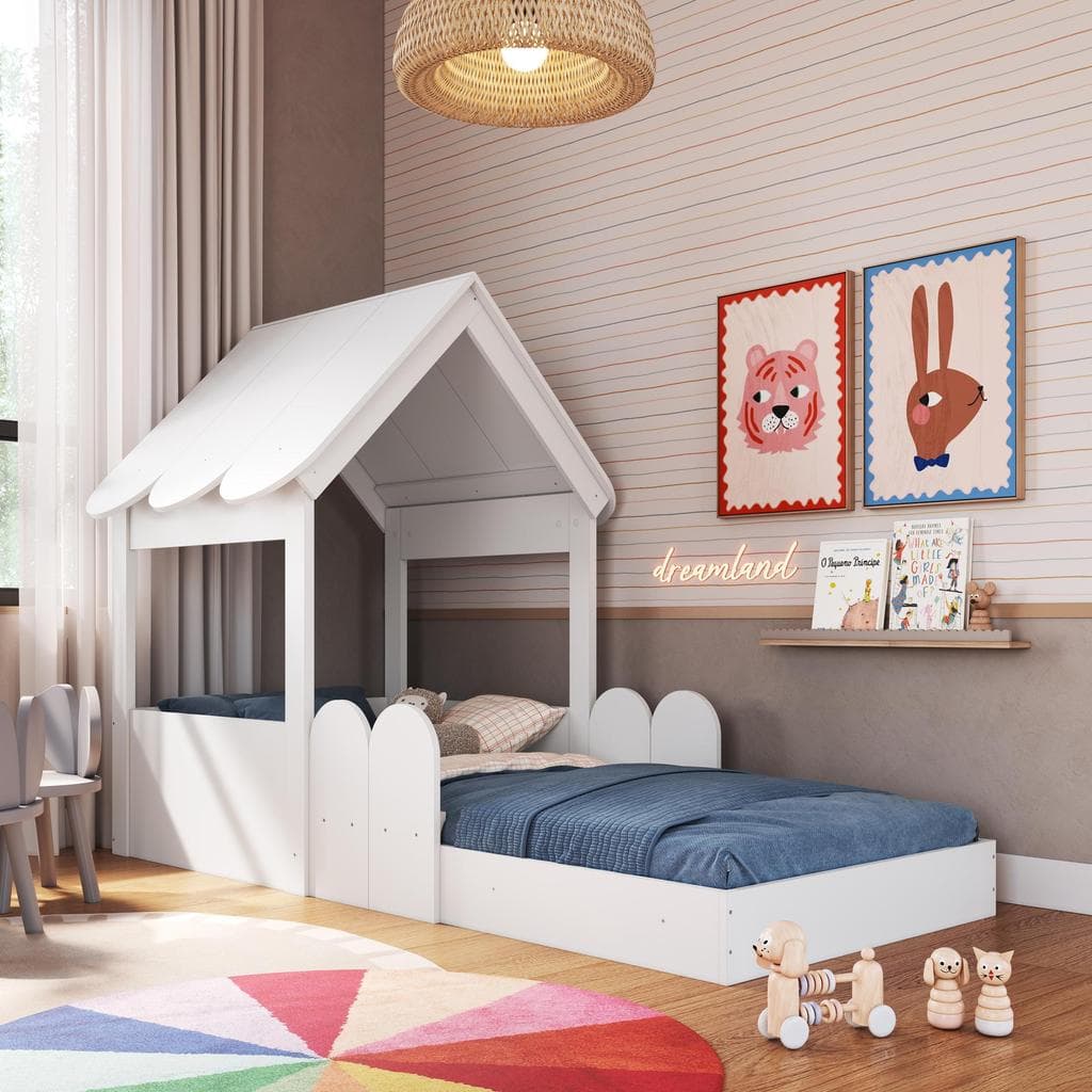 Cama Infantil Casinha Montessori com Telhado e Proteção Lateral Solteiro 188x78 em MDP