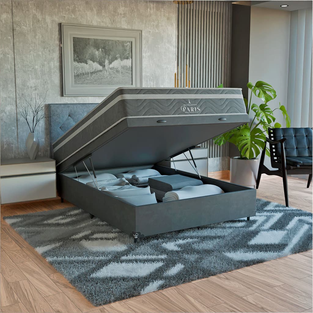 Cama Box Baú Viúva Cinza + Colchão Paris Molas Ensacadas