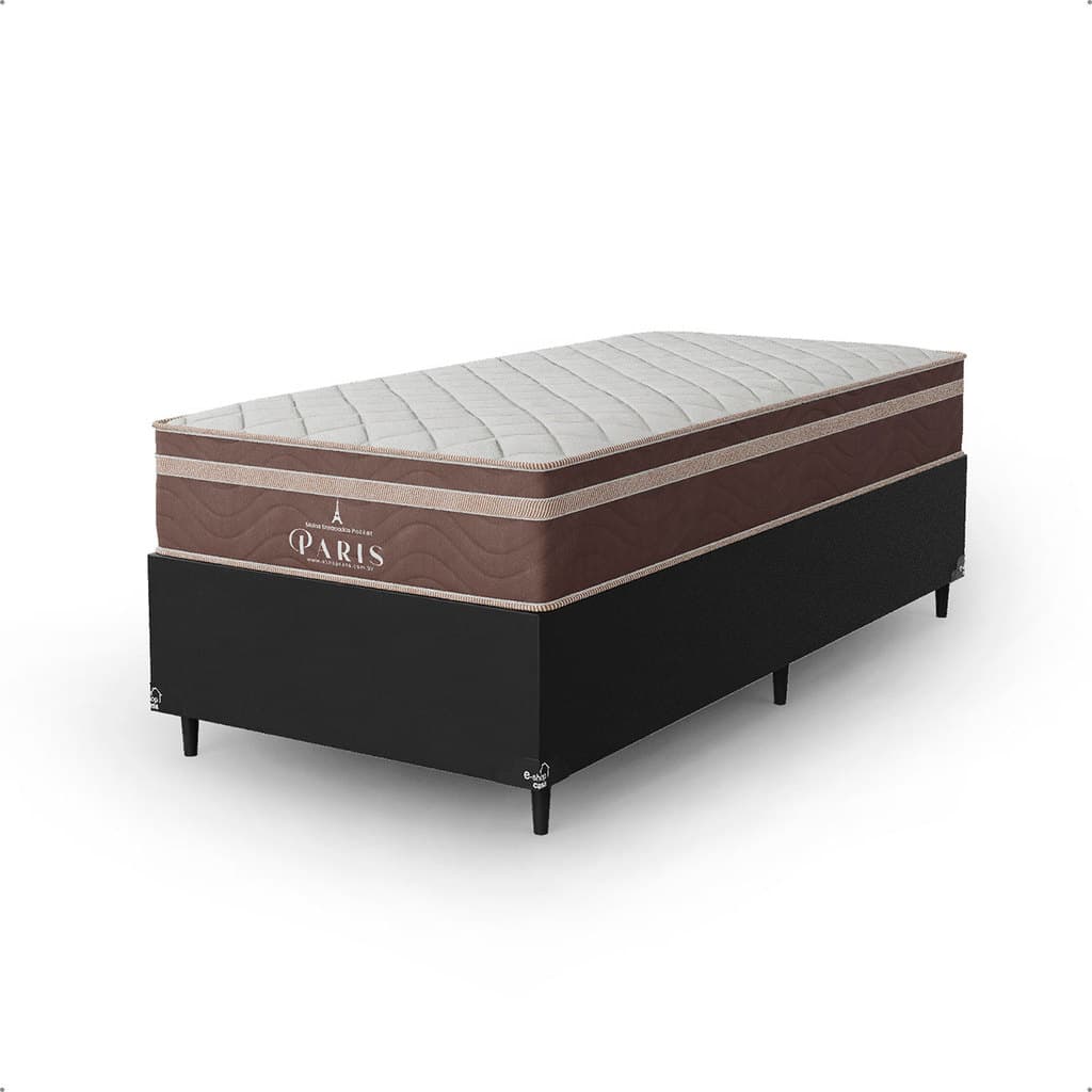 Cama Box Solteiro Couro Preto + Colchão Paris Molas Ensacadas Marrom - e-Shop Casa