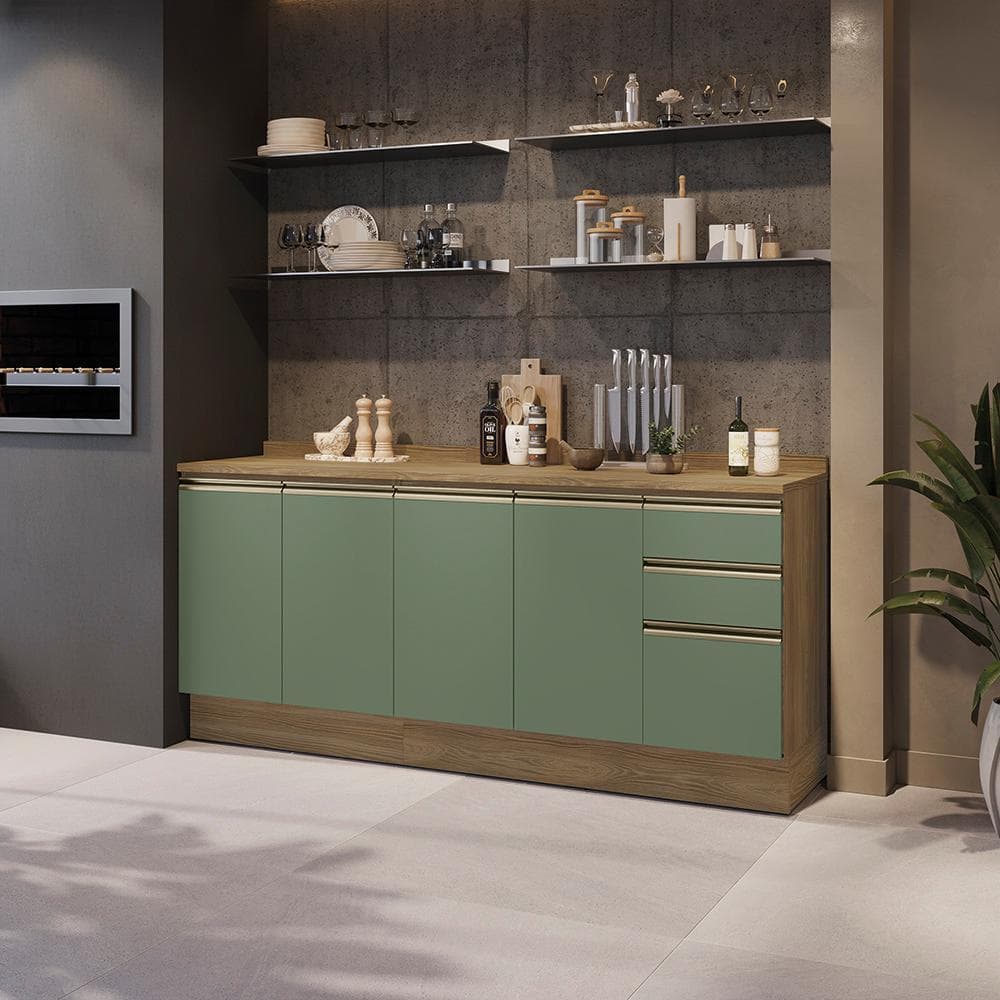 Balcões de Cozinha 100% MDF 200cm Nogueira/Verde Celeste Kappesberg