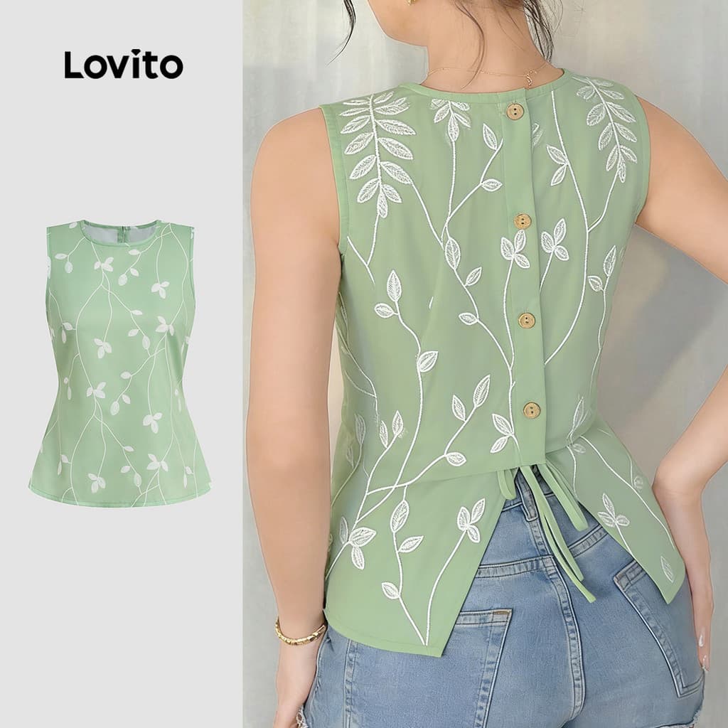 Lovito Férias Top Flores Botão Amarrar Costas Primavera/verão Verde Claro Top para Mulheres L178ED823