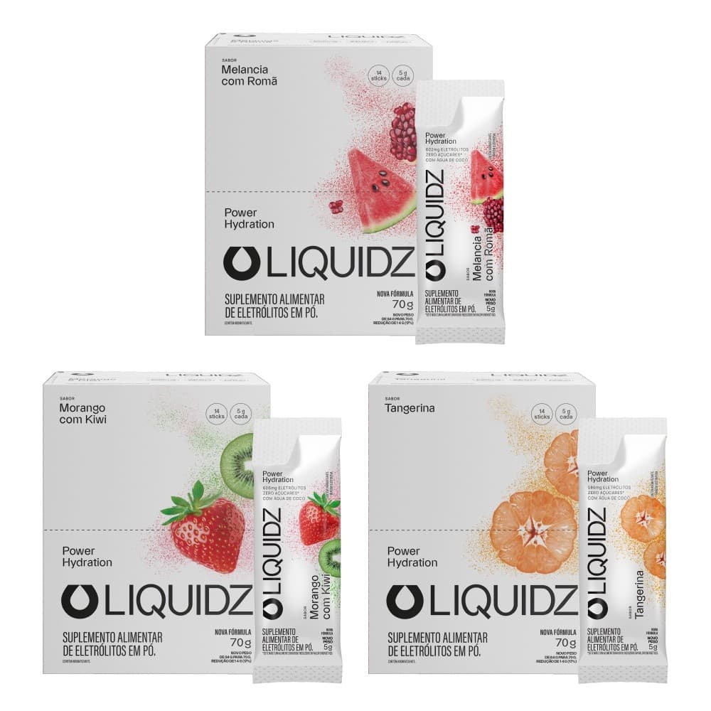LIQUIDZ® - Eletrólitos Zero Açúcares - 3 Sabores - Kit 3 Caixas - 42 sachês