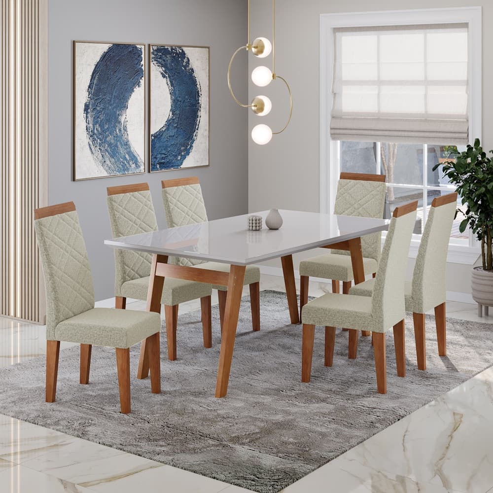 Conjunto Sala de Jantar Mesa 154cm com Tampo de Vidro Onix e 6 Cadeiras Atlas Madetal