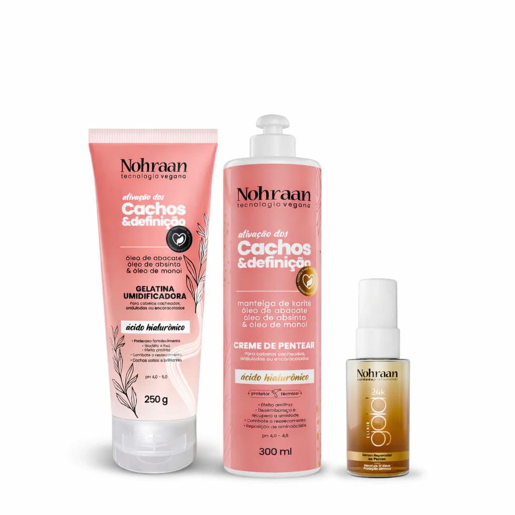Kit Linha Cachos Absinto – Gelatina + Creme de Pentear + Elixir 24K | Nohraan
