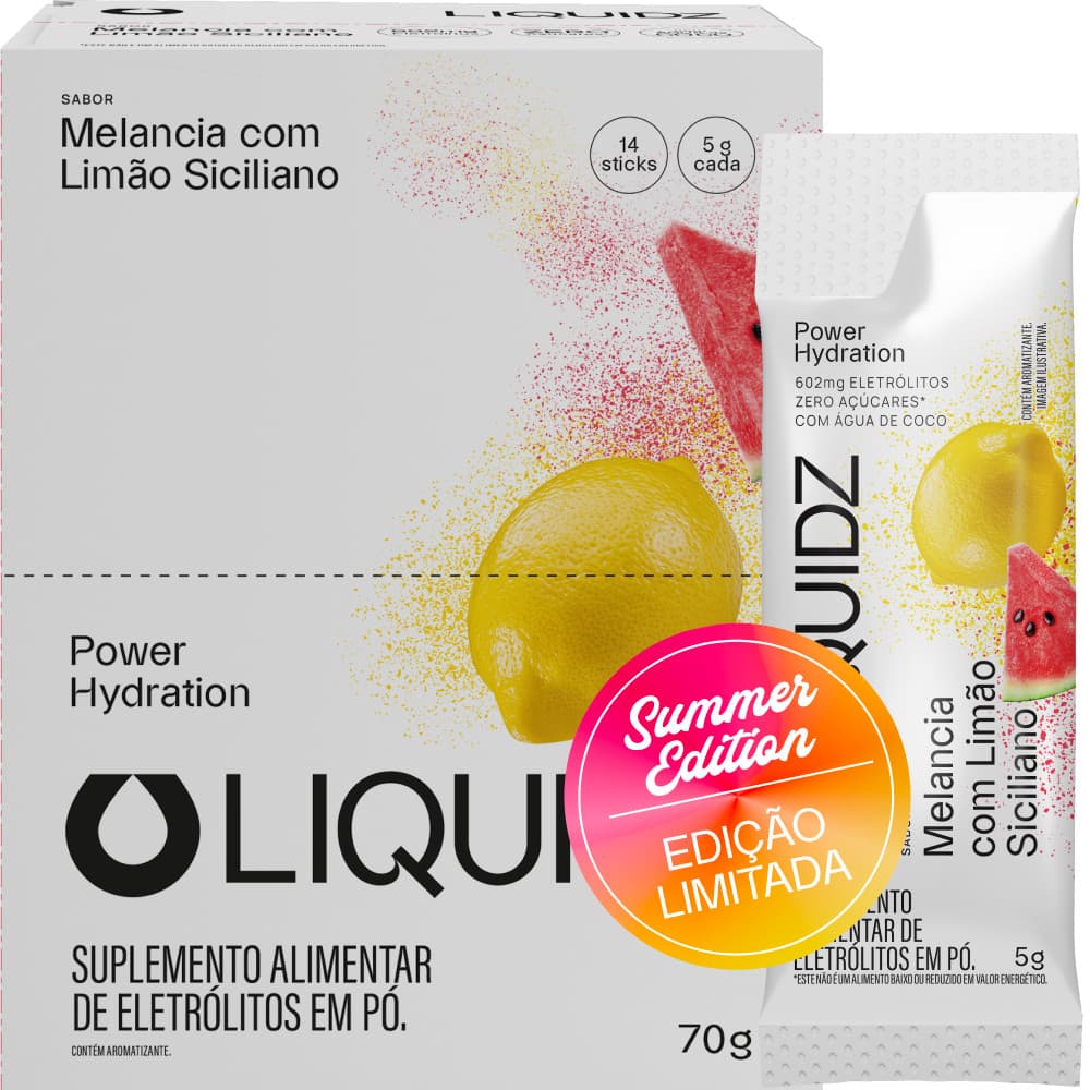 LIQUIDZ® - Eletrólitos Zero Açúcares - Sabor Melancia com Limão Siciliano - Kit 1 Caixa - 14 sachês