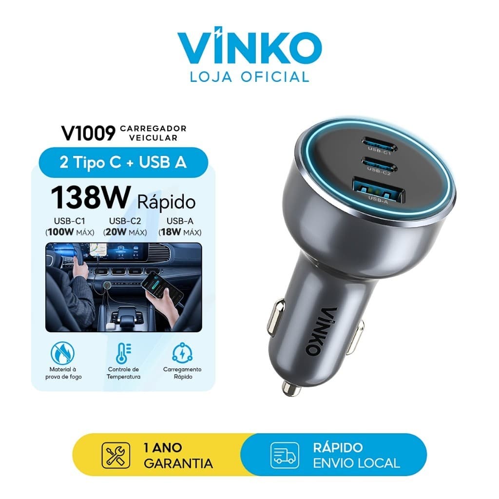 Vinko Carregador Veicular Turbo 138W Universal Carregador para Celular 3 Portas USB-A+Tipo C V1009