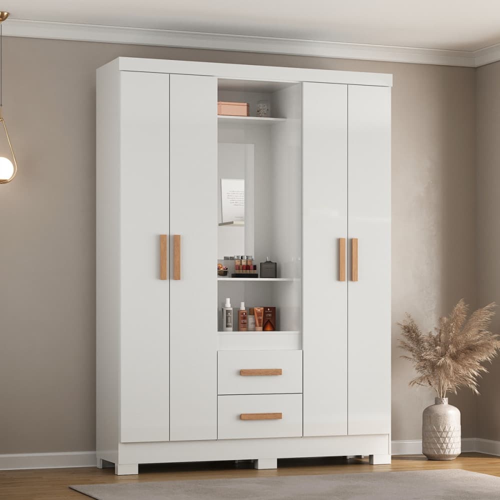 Guarda-Roupa Atualle Capelinha 4 Portas 2 Gavetas com Espelho Branco/Rosa Flex