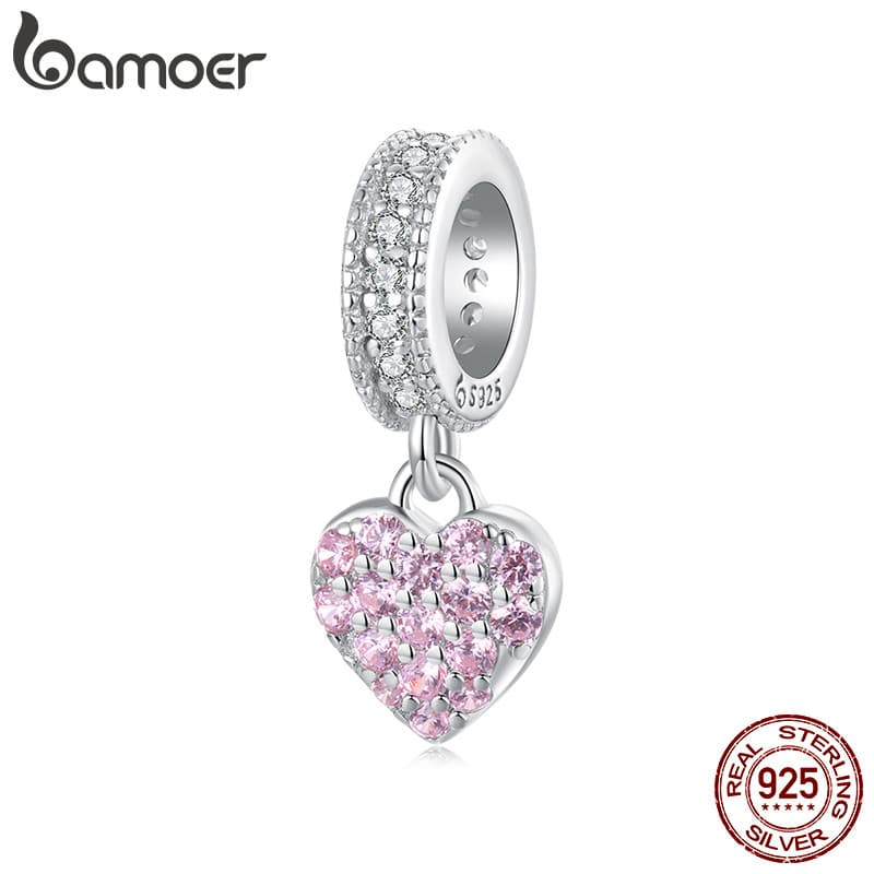 Bamoer 925 Prata Esterlina Charme Rosa Coração Pingente DIY Para Pulseira Presentes Mulheres