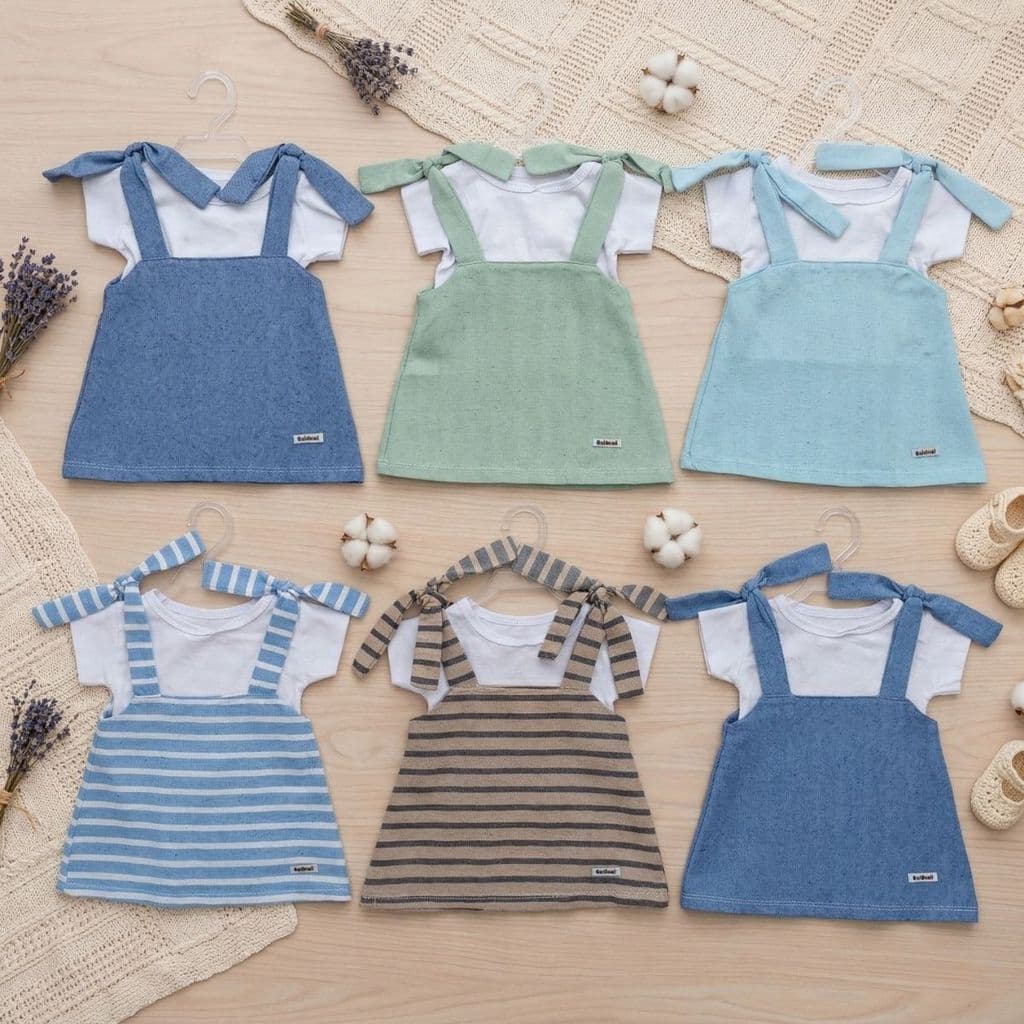 Conjunto Bebê Menina Vestido Salopete Fio Tinto + Blusa Algodão Premium