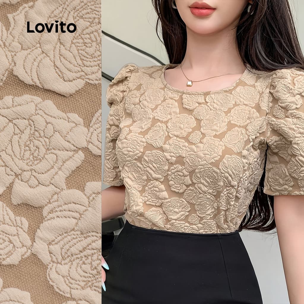 Lovito Elegante Blusa Jacquard Franzida com Boa Textura Primavera/verão Blusa Cáqui para Mulheres L138ED195