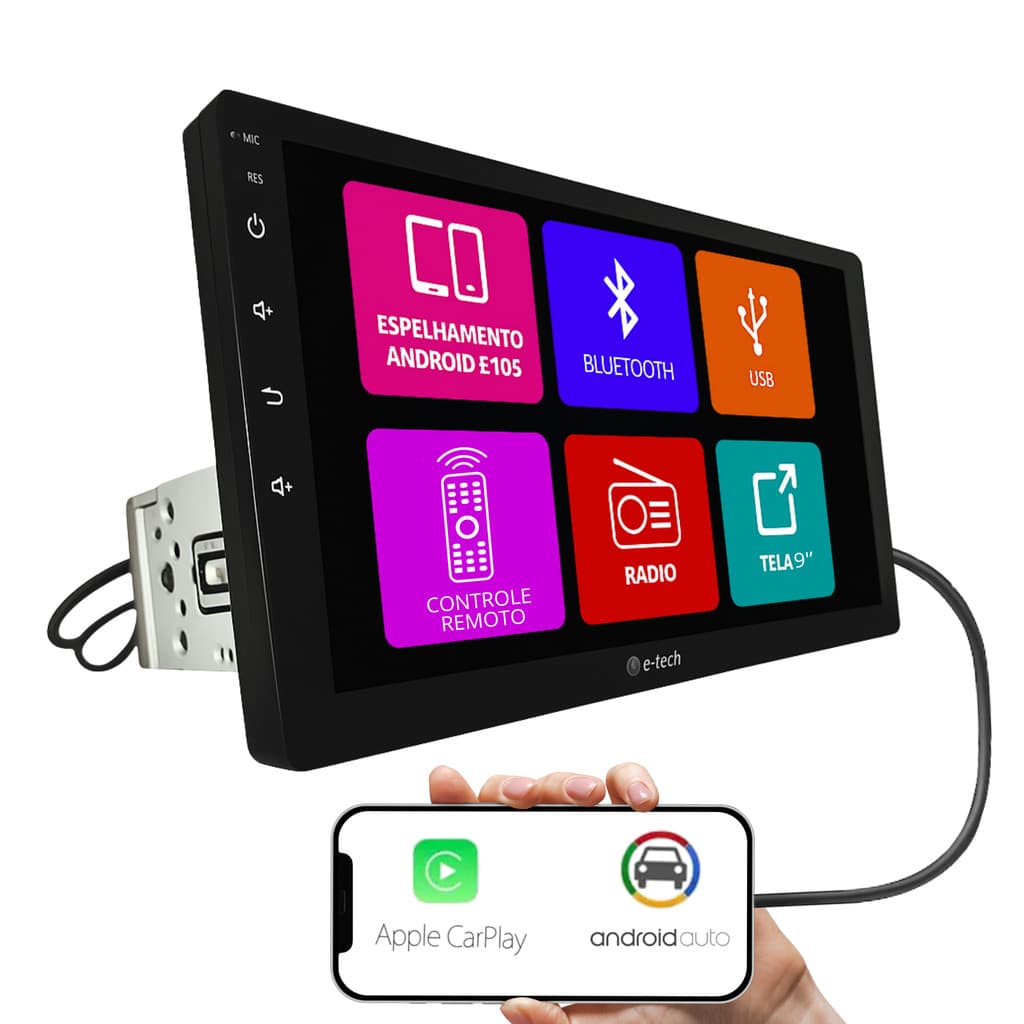 Central Multimídia 9 Pol Android Auto Carplay Fio H-Tech HT-9001CA 2 Din Bluetooth Usb Fm Tela Full Hd Fundo 1 Din